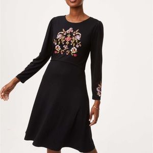 LOFT Black Dress with Floral Embroidery